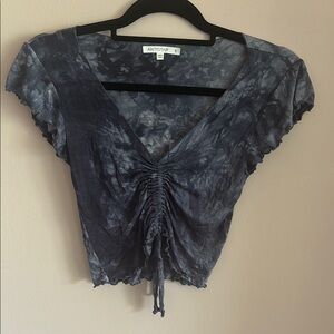 Gray Ruched Crop Blouse with Cap Sleeves